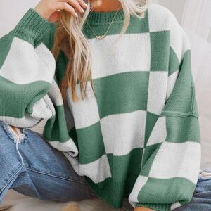 Green and White Checkered Sweater